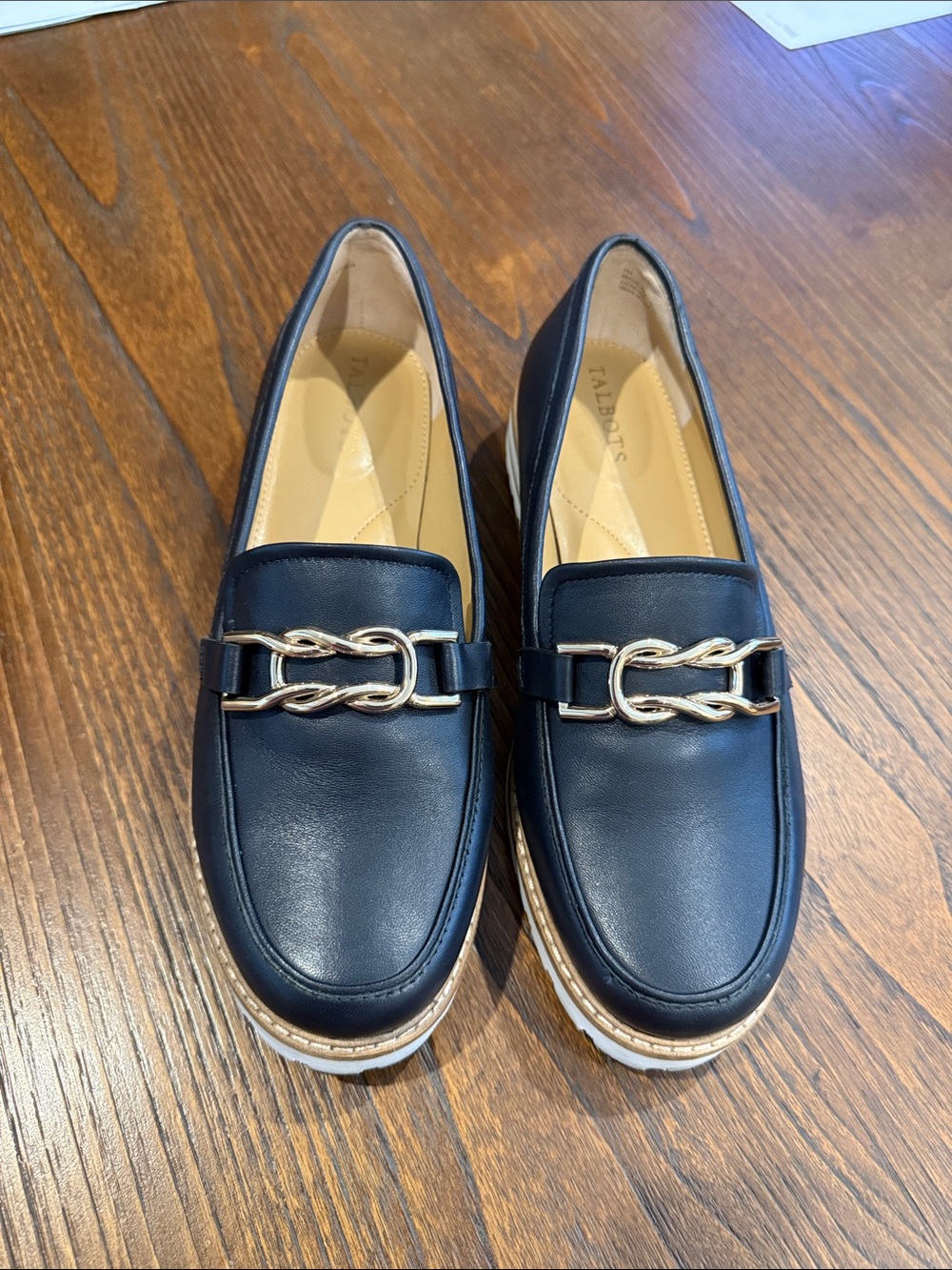 Talbots Navy Leather Loafers with Gold Link Hardware